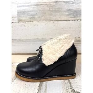Swedish Hasbeens Womens 9 Black Leather Pastry Fur Lined Foldover Wedge Booties